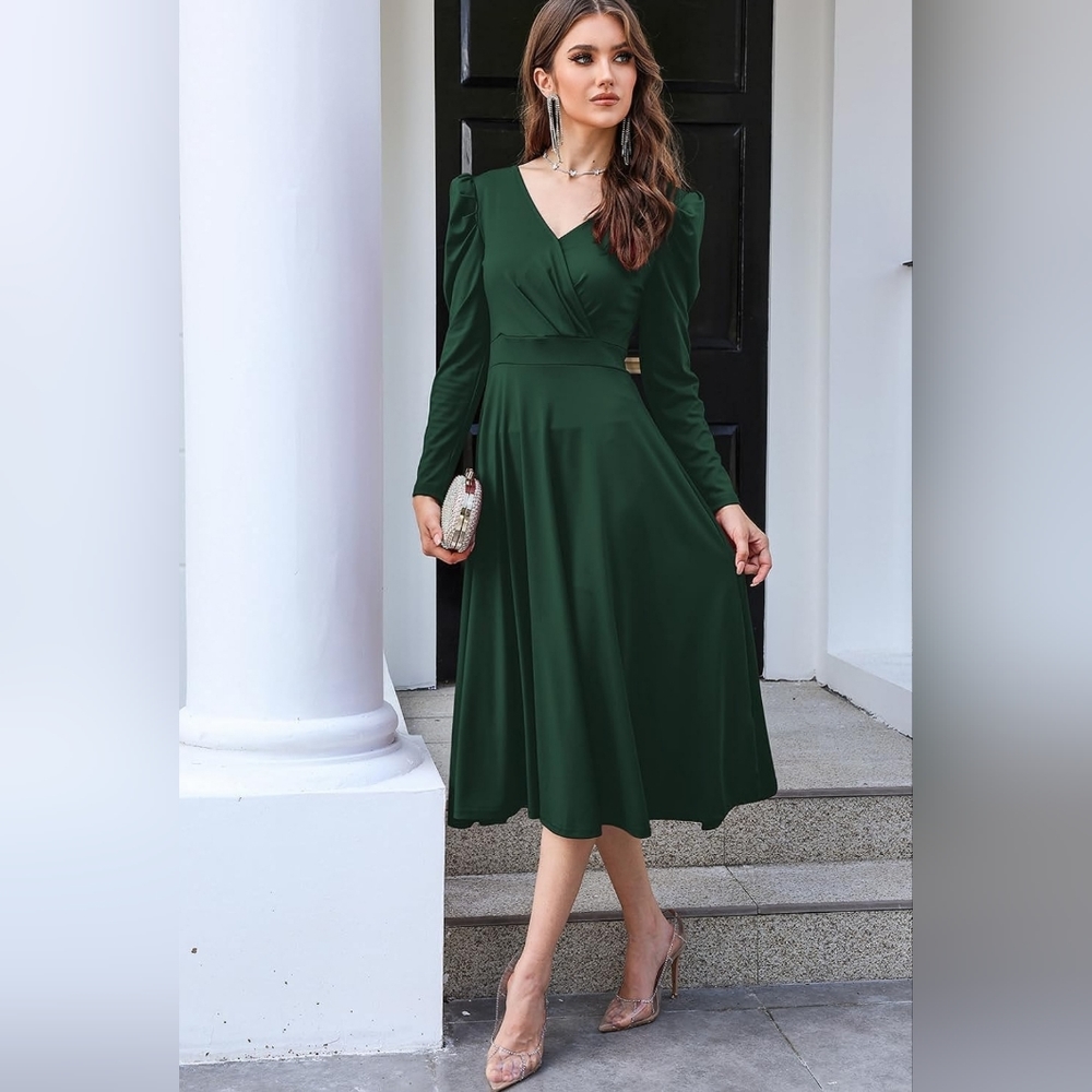 Women's Casual Wedding Guest Midi Dress V Neck Long Sleeve Pleated